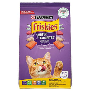 Purina Friskies Surfin Mackerel Tuna Salmon & Sardine Flavours Adult Dry Cat Food - 1.1kg